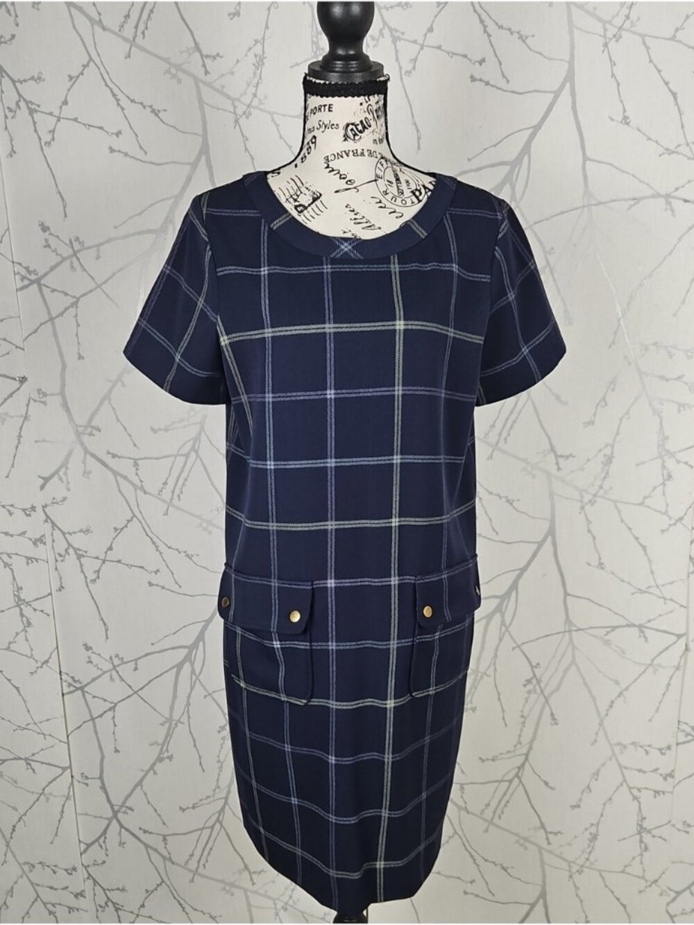 J. Crew Navy Plaid Stretch Knit Pocket Shift Dress